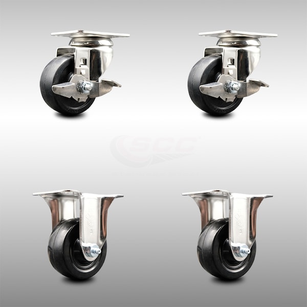 3 Inch 316SS Soft Rubber Wheel Swivel Top Plate Caster Brake 2 Rigid SCC, 2PK